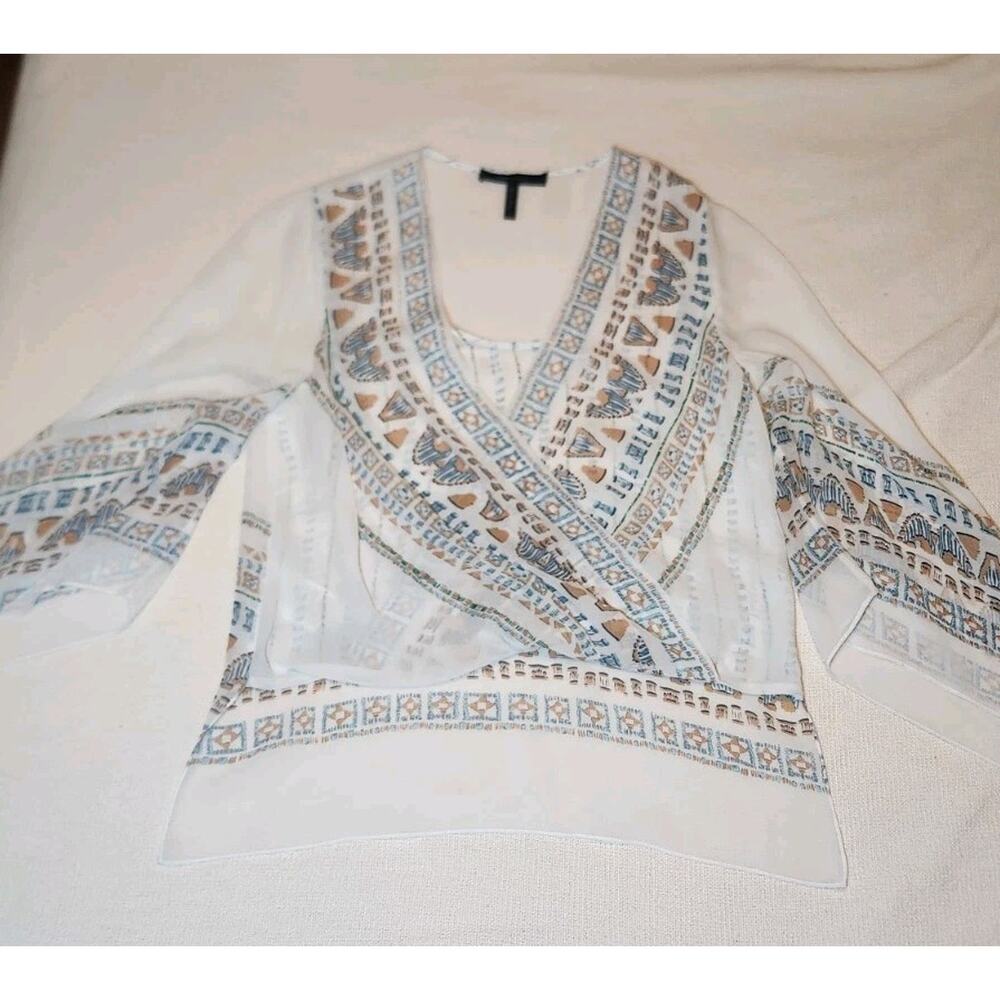 BCBG Max Azria Blouse W Sz S, Silk Printed V Neck Kasia‎ Blouse White